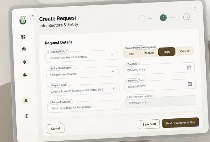 Criar pedido, passo 2 de 3: detalhes do pedido com entidade, classificação, tipo, assunto, prioridade e datas, e Guardar rascunho