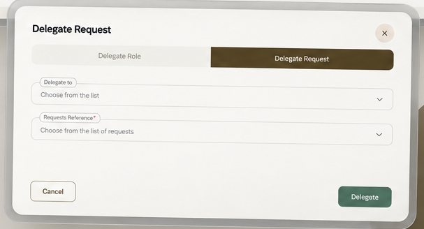 Janela Delegar pedido, a escolher entre delegar um papel ou um pedido