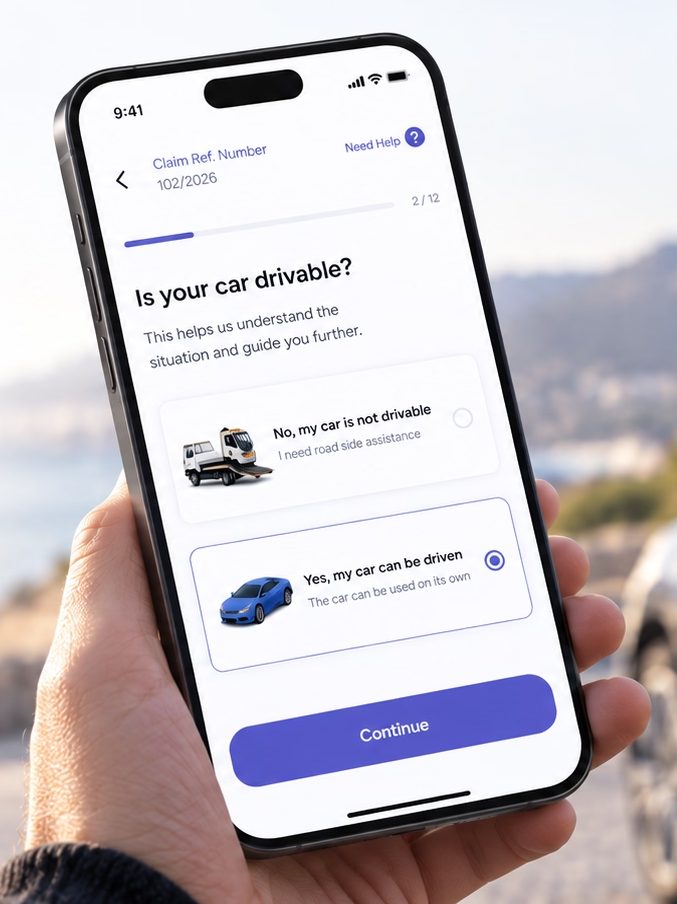 Passo 2 de 12 a perguntar se o carro pode circular, com opções de assistência em viagem ou seguir viagem